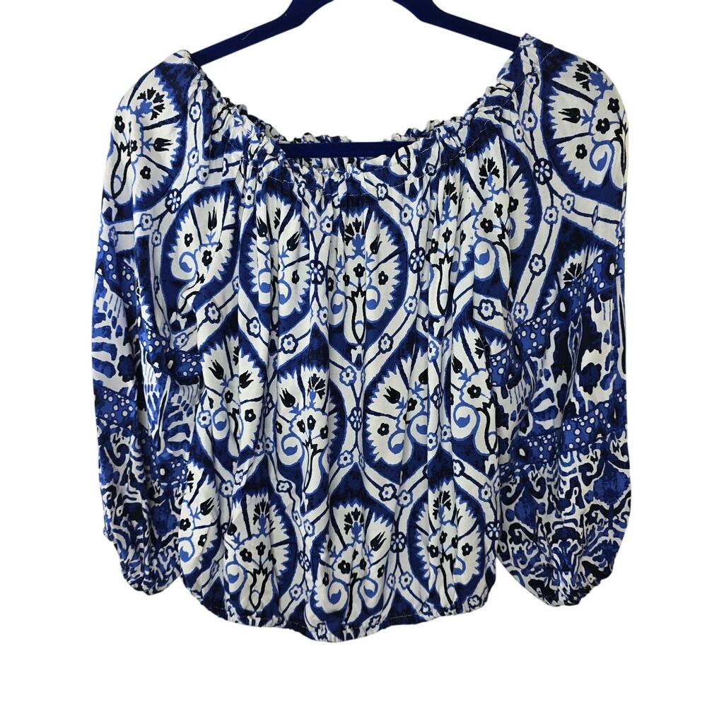 Haute Hippie Blue White Batik Print Off Shoulder Crop Blouse Top Size Small - Picture 7 of 7